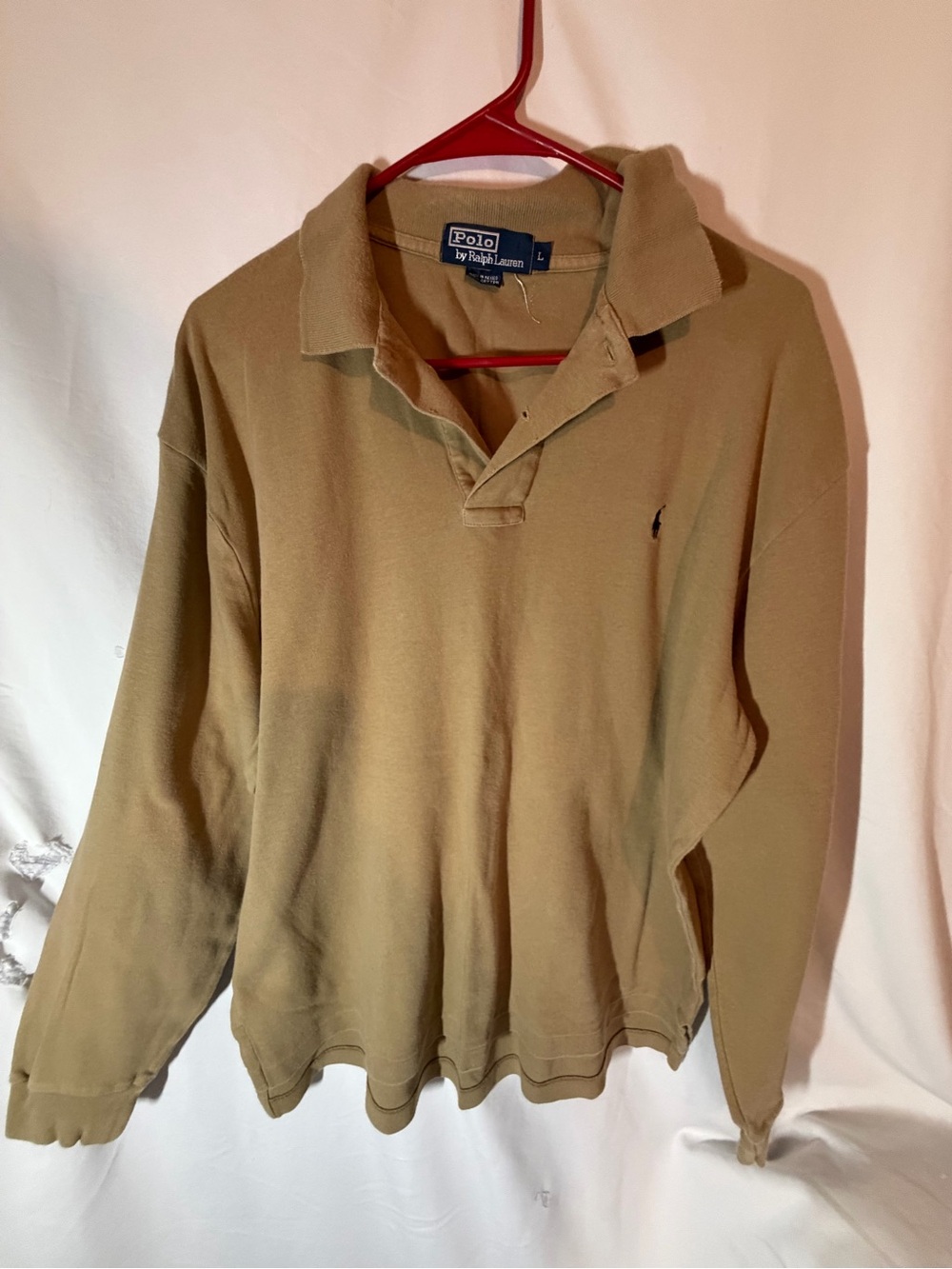 Vintage Polo Ralph Lauren Long Sleeve Polo Shirt Mens L Tan Khaki Pony 90s
